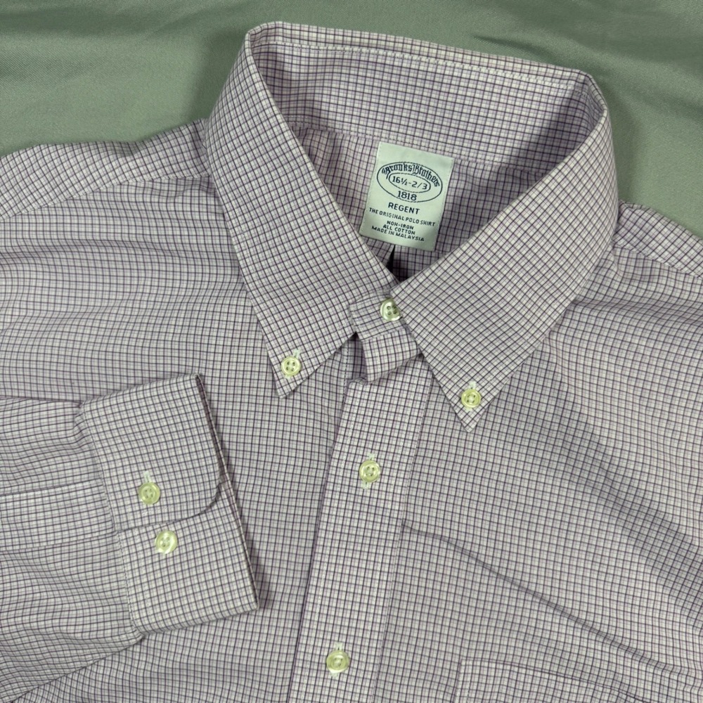 Brooks Brothers Regent Plaid Dress Shirt Mens 16.5 2/3 Purple Micro Check Cotton - Picture 1 of 7